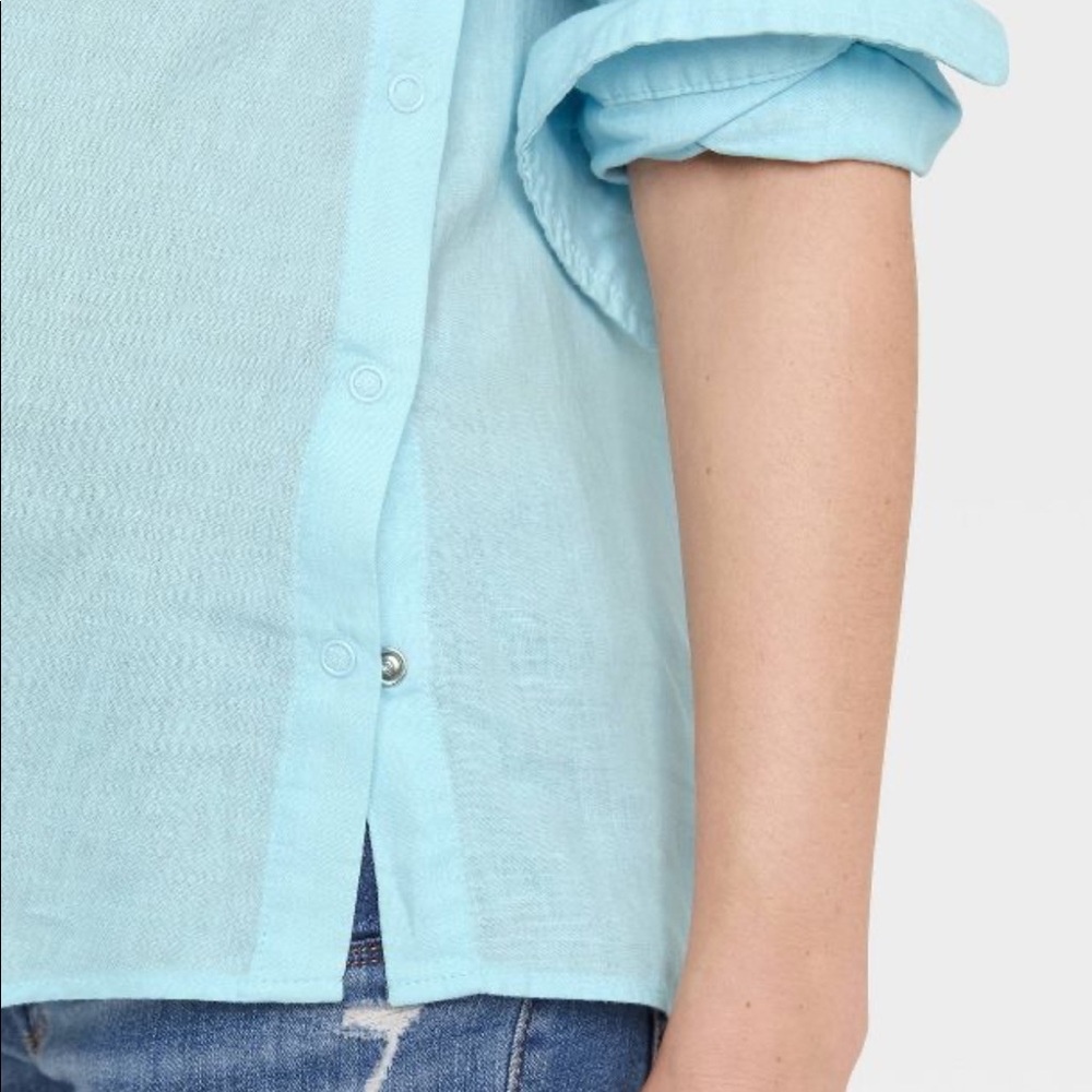Isabel Maternity Long Sleeve Collared Side Woven Popover Maternity Shirt NWT - Picture 3 of 7